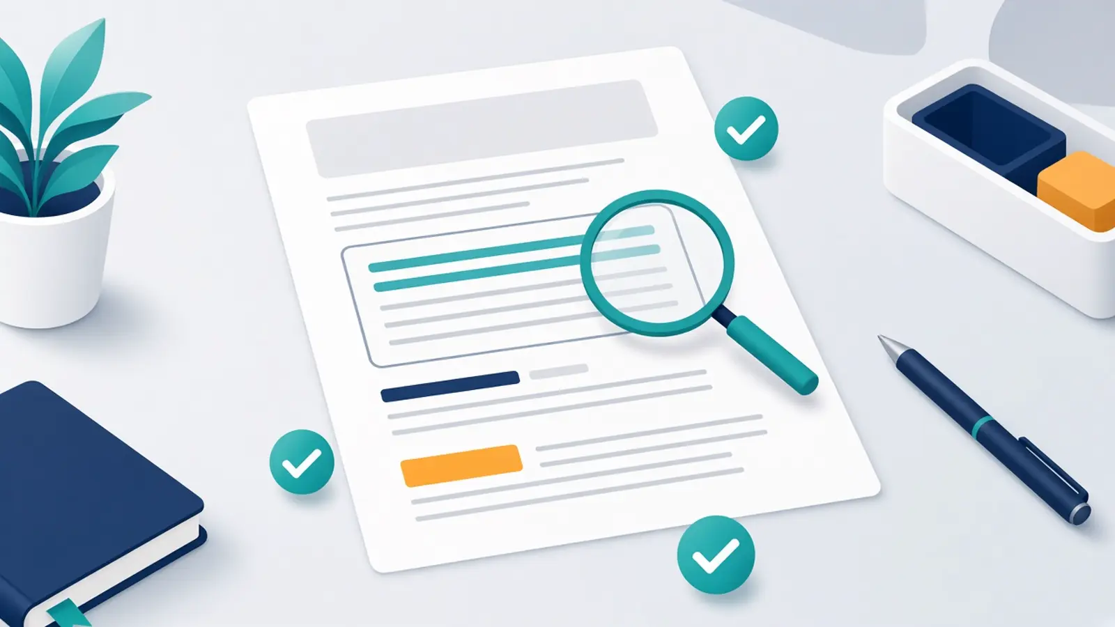 Magnifying glass reviewing a loan agreement with check marks